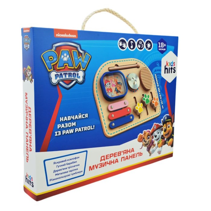 Дерев'яна іграшка «Paw Patrol» 26,5х21,5х2 см: ксилофон, барабан, тріскачка, металева тарілка, тумблери, у коробці 27,5х3,5х,22,5 см