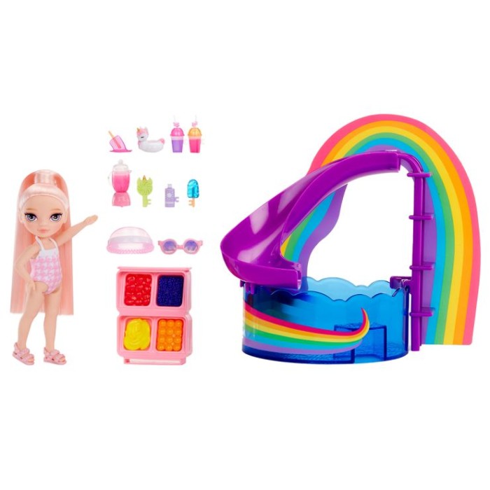 Ігровий набір з лялькою RAINBOW HIGH серії «Littles. Веселкова вечарка біля басейну»: лялька 16 см з аксесуарами та басейном, у коробці 12х29х20 см