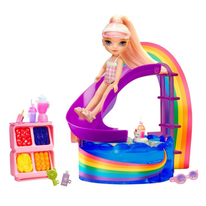 Ігровий набір з лялькою RAINBOW HIGH серії «Littles. Веселкова вечарка біля басейну»: лялька 16 см з аксесуарами та басейном, у коробці 12х29х20 см
