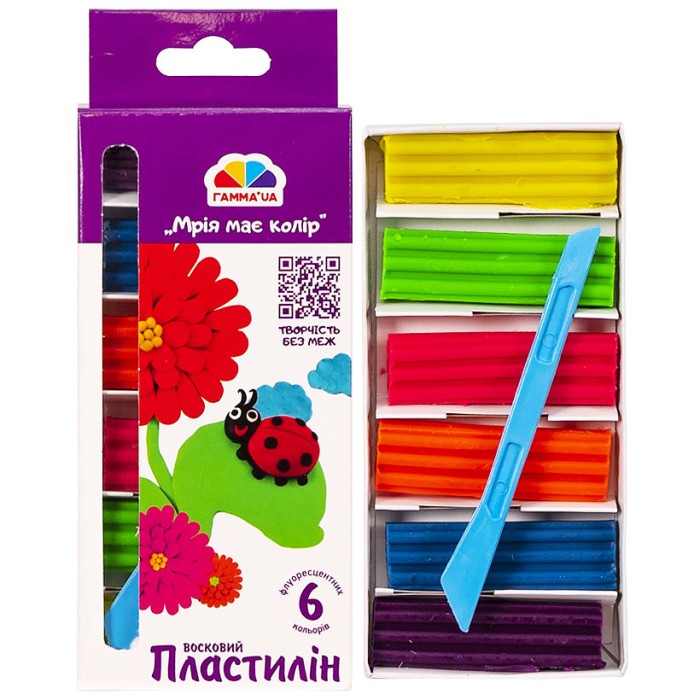 Пластилін восковий «Творчість», 6 кольорів, флуоресцентний, стек, 90 грам