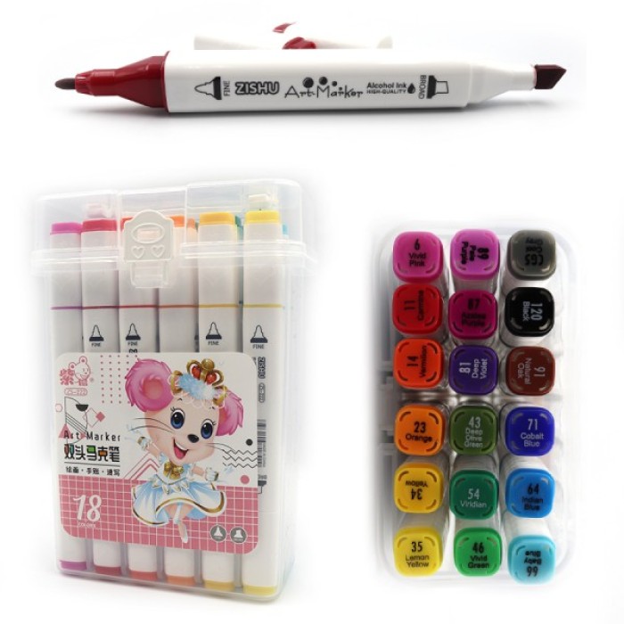 Набір скетч маркерів «Mouse» на 18 кольорів круглий/скошений наконечник, пластикова упаковка