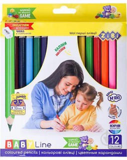Кольорові олівці «JUMBO», з точилкою, 12 кольорів, ТМ Zibi