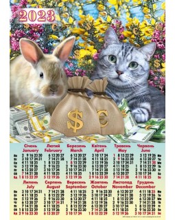 Календарь – плакат А2 «Котик, кролик мешки денег» 2023 год