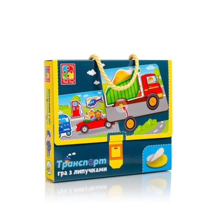 Гра настільна «Транспорт» з 4 ігрових полів, 17 деталей та 32 липучки, у коробці 22,5х3,5х18,5 см, ТМ Vladi Toys