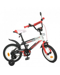 Велосипед дитячий «PROF1. Inspirer», 14 дюймів, матовий, ліхтар, дзвінок, дод. колеса, чорно-біло-ч.
