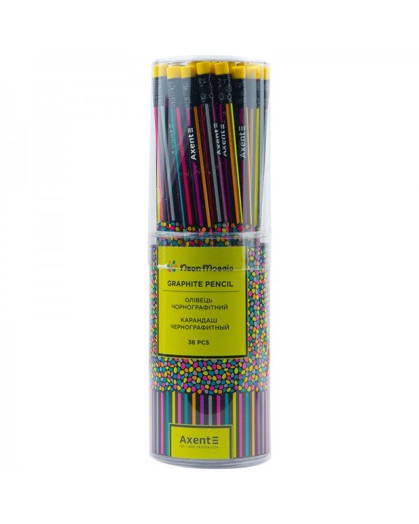 Олівець графітний «Neon mosaic», з гумкою , HB, у тубусі 36 шт., ТМ Axent