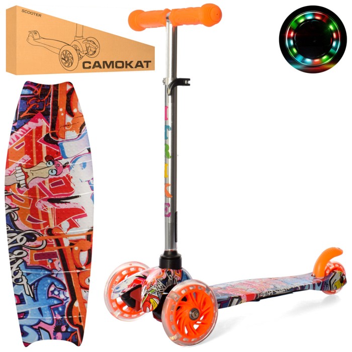 Самокат «MINI», алюм.+плас., 3-кол., ПВХ, 2 пер. 120 мм, світло, підн. 29-11см, кермо 60-69 см,принт