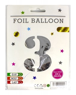 Кульки фольговані, цифри, 3, 82 см, срібло, ТМ Leader