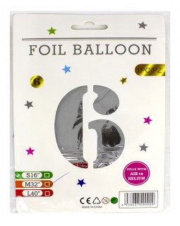 Кульки фольговані, цифри, 6, 82 см, срібло, ТМ Leader