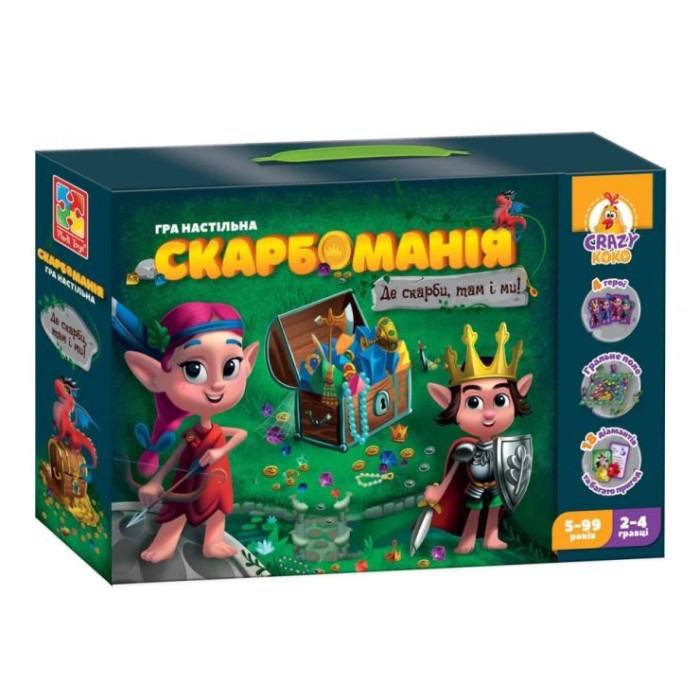Гра настільна «Скарбоманія» з ігровим полем, гральним кубиком, 18 діамантами, 74 елементи та 4 підставками, у коробці 28,5х6х18,5 см, ТМ Vladi Toys