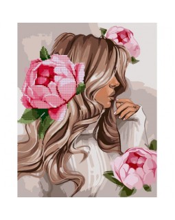 Картина за номерами з алмазною мозаїкою «Дівчина з рожевими півоніями» 40х50 см., SANTI