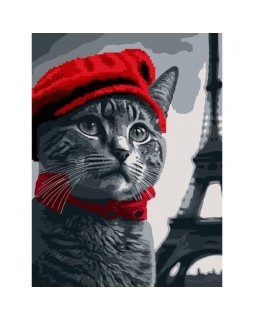 Картина за номерами з алмазною мозаїкою «Котик у Парижі» 30х40 см., SANTI