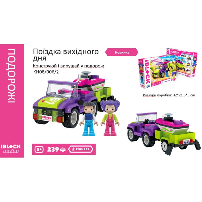 Конструктор IBLOCK JUNIOR «Дівчатка. Подорож вихідного дня», 239 дет., 2 фігурки, наліпки, Kids hits