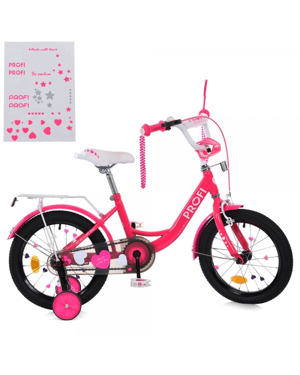 Велосипед «PROF1 PRINCESS» з колесами 16 дюймів, з дзвінком, ліхтарем та багажником, малиновий