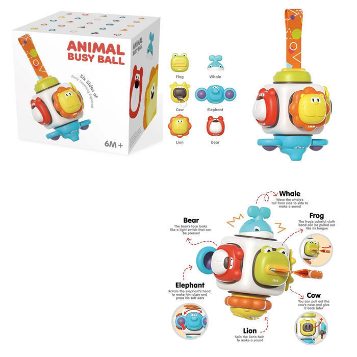 Бізібол 13 см з рухомими деталями, тріскачкою, спінером, м'якими кнопками, вимикачем та підвіскою на липучці, у коробці 11,5х11х11,5 см