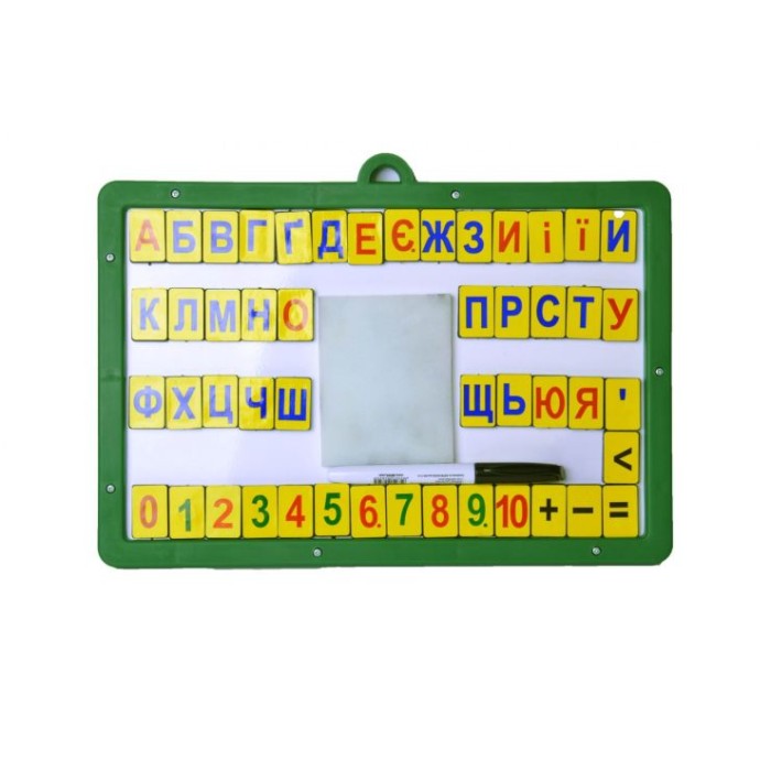 Дошка магнітно-маркерна 120х90х3 см з маркером, губкою та 48 магнітами: українським алфавітом та цифрами, ТМ Умняшка