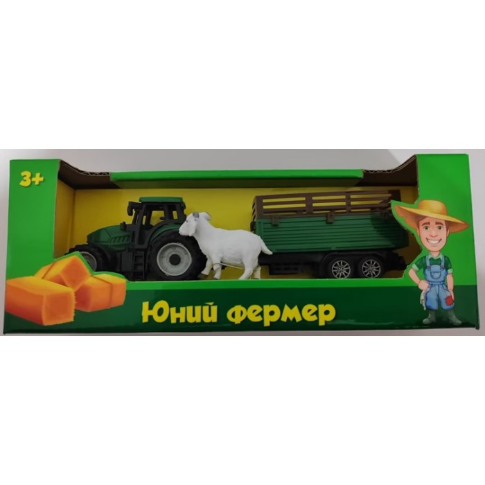 Ігровий набір «Юний фермер»: трактор з причепом 20 см інерційний та фігурка тваринки, в асортименті, у коробці 22х6х8,5 см