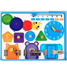 Бізіборд 30х22,5 см: засуви, шестерні, рамка-вкладиш із ручкою, годинник, лабіринт рухомі деталі, у коробці 31х23,5х2,5 см