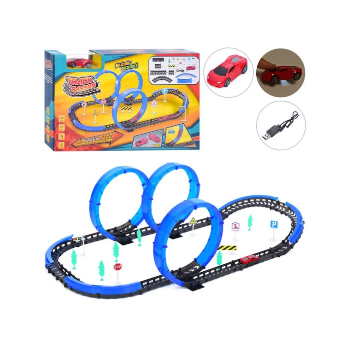 Трек з 57 деталей: машинка, дерева, знаки, на акумуляторі, в коробці 42х27х6,5 см