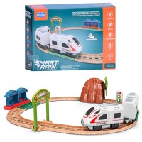 Залізниця 45х46 см: локомотив, 2 вагони, зі світлом та звуком на батарейці, у коробці 36,5х27х8см