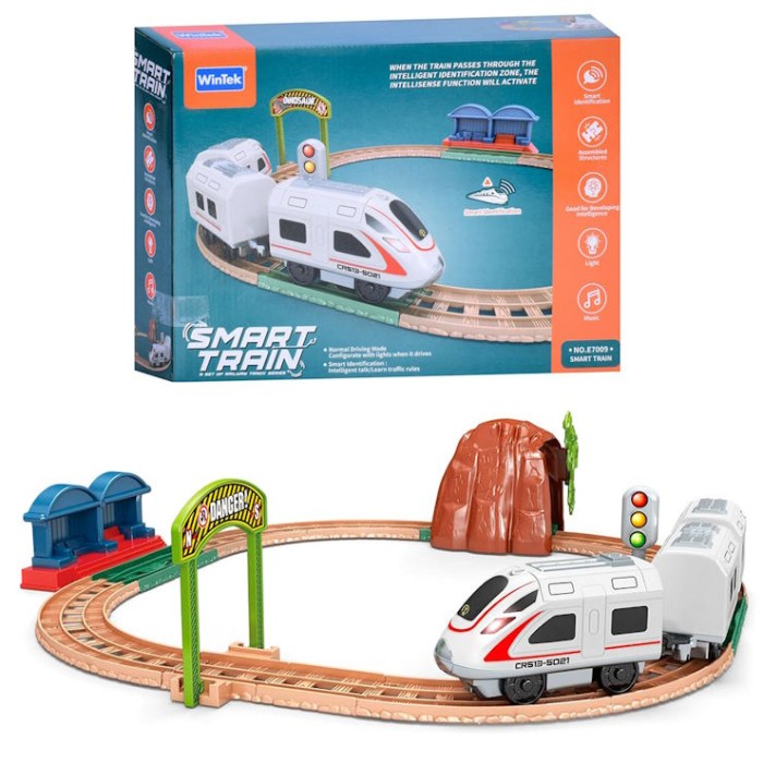 Залізниця 45х46 см: локомотив, 2 вагони, зі світлом та звуком на батарейці, у коробці 36,5х27х8см