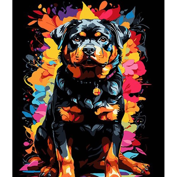 Картина за номерами «Ротвейлер на фоні кольорових квітів» 30х40 см, ТМ Strateg