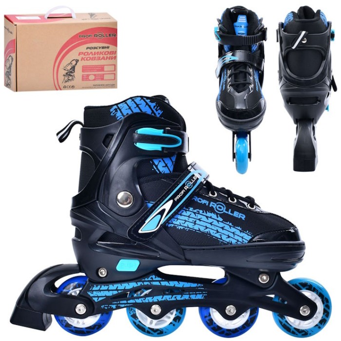 Ролики 39-42 розміру на алюмінієвій рамі зі шнурівкю та баклею, колесами ПУ, сині, у коробці 35х28х10,5 см