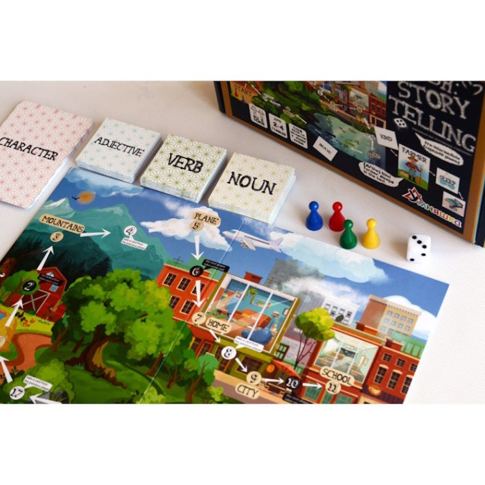 Гра настільна «English storytelling» на складання речення: ігрове поле 120 карток 4 фішки та ігровий кубик, у коробці 25х16,5х5,5 см, ТМ Умняшка