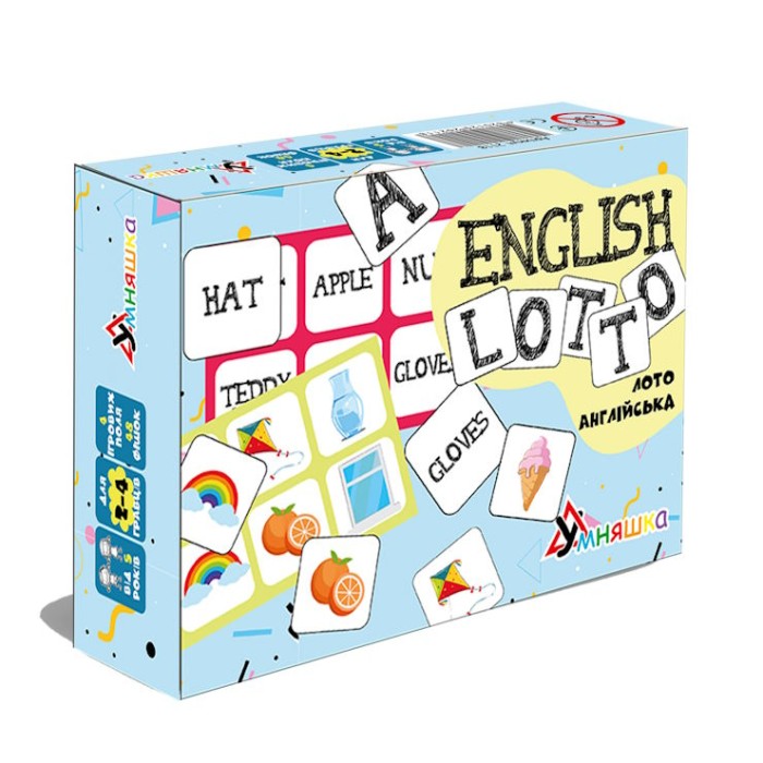 Гра настільна «Лото англійська/English lotto»: 4 двосторонніх поля та 48 фішок, у коробці 20х15х5 см, ТМ Умняшка