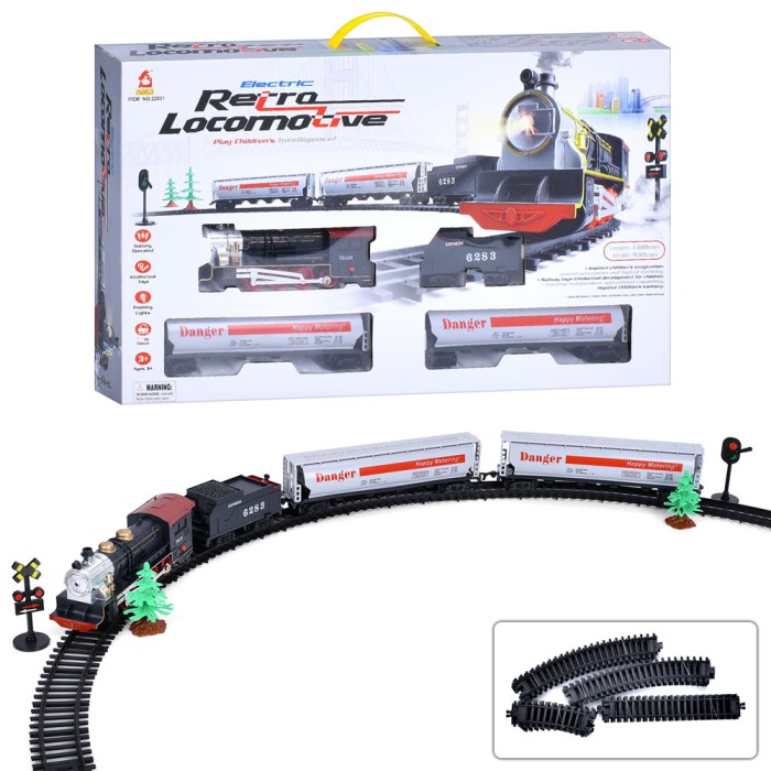 Залізниця 139х93 см-93х93 см зі звуком та світлом з локомотива та 3 вагонів, на батарейці, у коробці 56,5х32,5х6,5 см