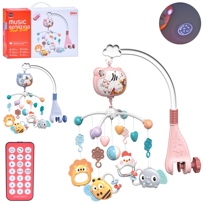 Карусель на ліжечко р/к на 4 підвіски музична зі світлом, проектором та регулятором гучності, на батарейці, у коробці 37х6х25 см