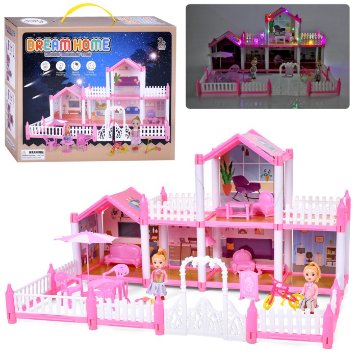 Будиночок 2-поверховий на 138 деталей з 2 ляльками по 10 см зі світлом та меблями, на батарейках, у коробці 30х25х8 см.