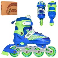 Ролики 35-38 розміру з розсувною метлалевою рамою, шнуроком, пряжкою, колесами ПУ 70 мм та світлом, синьо-зелені,