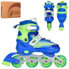 Ролики 35-38 розміру з розсувною метлалевою рамою, шнуроком, пряжкою, колесами ПУ 70 мм та світлом, синьо-зелені,