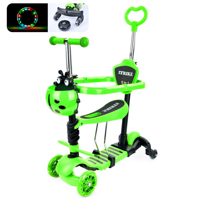 Самокат-біговел «Maxi» 5 в 1 3-колісний на рамі з металопластику, 2 передніх колеса ПУ 116 мм світлодіодні, заднє 100 мм, 2 додаткових колеса по 64 мм, підніжка