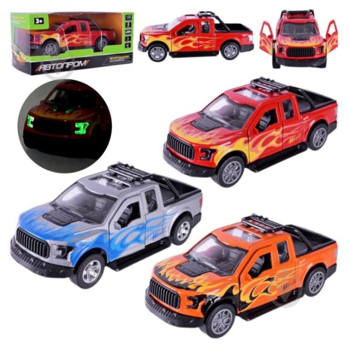 Машина «Пікап» 12,5 см металева зі світлом, звуком та дверима що відкриваються, на батарейці, в асортименті, у коробці 15х6,5х7 см, АВТОПРОМ
