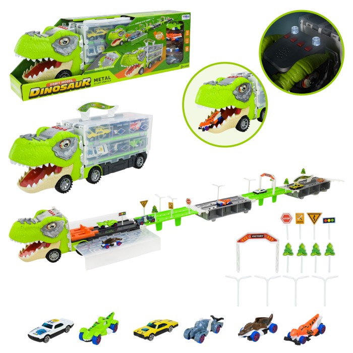 Трейлер-трек «Динозавр» 42 см 2 в 1 із світлом, звуком, дорожніми знаками та 2 металевими машинками, на батарейці, у коробці 42,5х20,2х10,5 см.