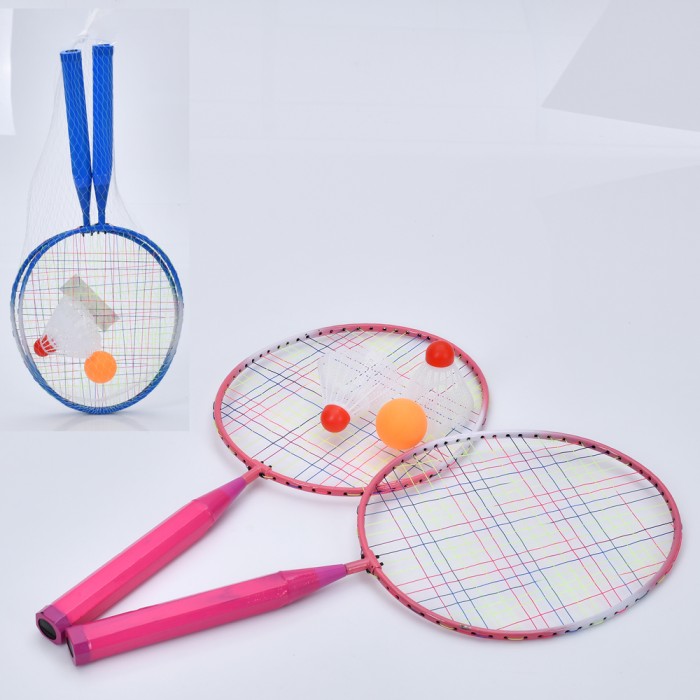 Бадмінтон металевий: 2 ракетки по 45 см, 2 волани та пластиковий м'ячик 4 см, в асортименті, у сітці 20х46х3 см