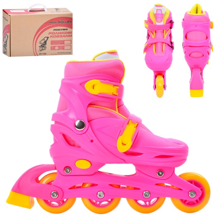 Ролики 35-38 розміру розсувні з колесами ПУ 70 мм зі світлом, пряжкою, на пластиковій рамі, рожеві, у коробці 37х27,5х11 см