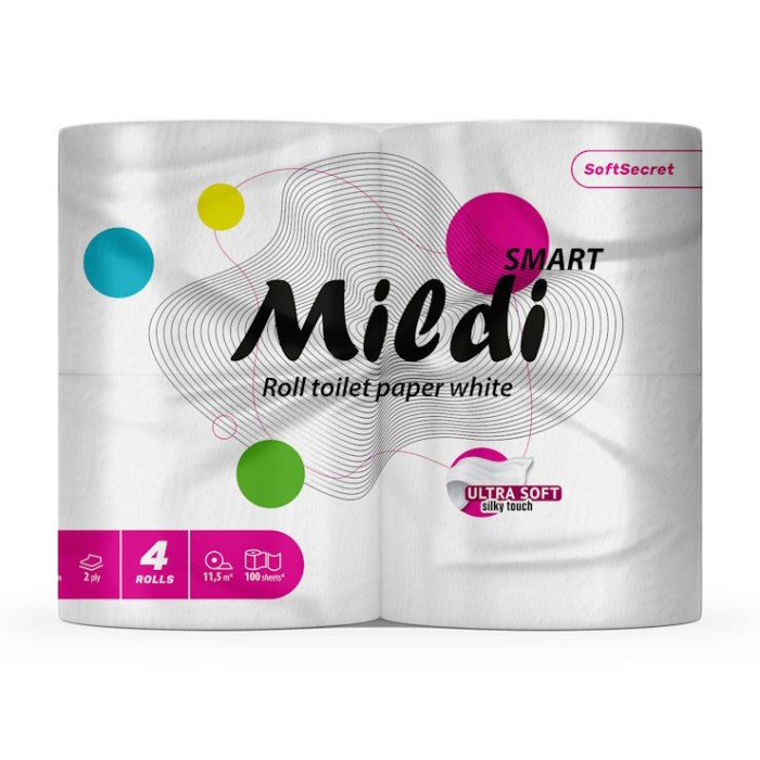 Папір туалетний «Mildi Smart» по 4 рулони на гільзі двошаровий, намотка 11,5 м, білий, Кохавинка