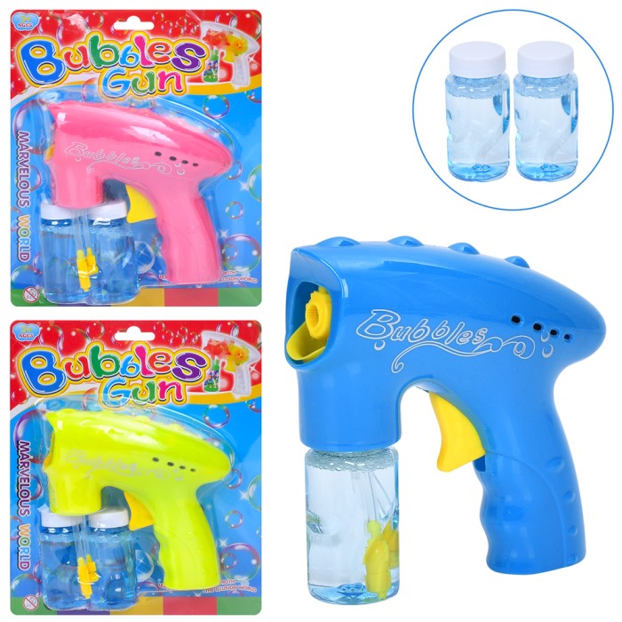 Мильні бульбашки «Пістолет» 15 см механічний з 2 запасками по 7,5 см, в асортименті, на планшетці 21х25х6 см