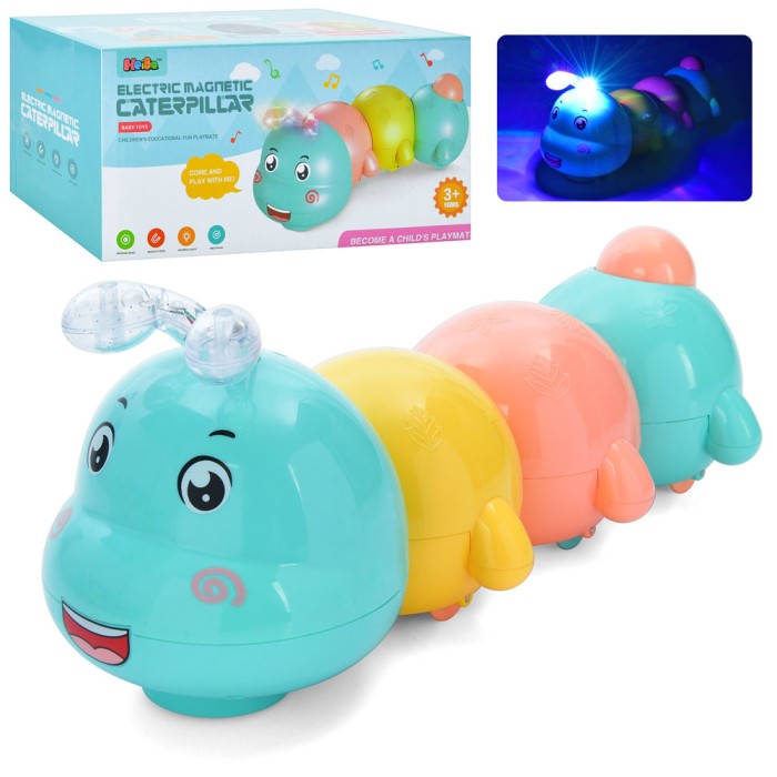 Гусеничка 24 см музична зі світлом, магнітна, їздить, на батарейці, у коробці 22х11х11 см