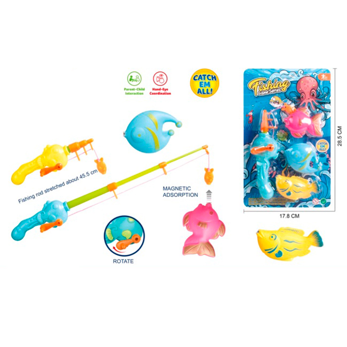 Набір для риболовлі магнітний: 1 вудка та 3 рибки, в асортименті, на планшетці 18х28,5х6 см