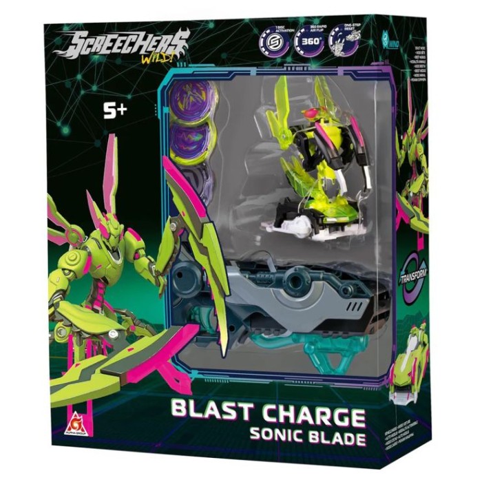 Ігровий набір Screechers Wild! «Сонік Блейд»: машинка-трансформер, запускач-бластер, 3 диски та наліпки, у коробці 10х25х30 см