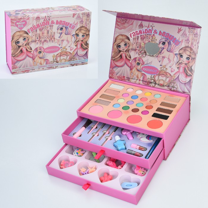 Дитяча косметика 3-ярусна: тіні, рум'яна, 2 лаки, 2 помади, пензлики та аксесуари , у коробці 25х9х17 см