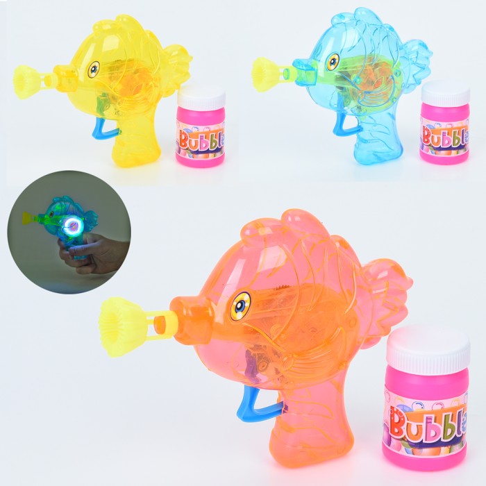 Мильні бульбашки-пістолет «Рибка» 14 см зі світлом та запаскою 6 см, на батарейці, в асортименті, у пакеті 17,5х19х4 см.