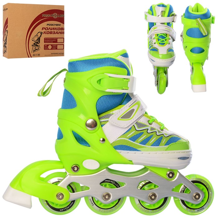 Ролики розміром 31-34 розсувні, шнурівка+пряжка, алюмінієва рама, колеса ПУ 64 мм зі світлом, зелені, у коробці 35х27,5х10,5 см.