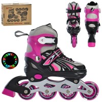 Ролики 31-34 розміру на алюмінієвій рамі, колеса 64 мм ПУ зі світлом, рожеві, у коробці 34,5х27х10,5 см