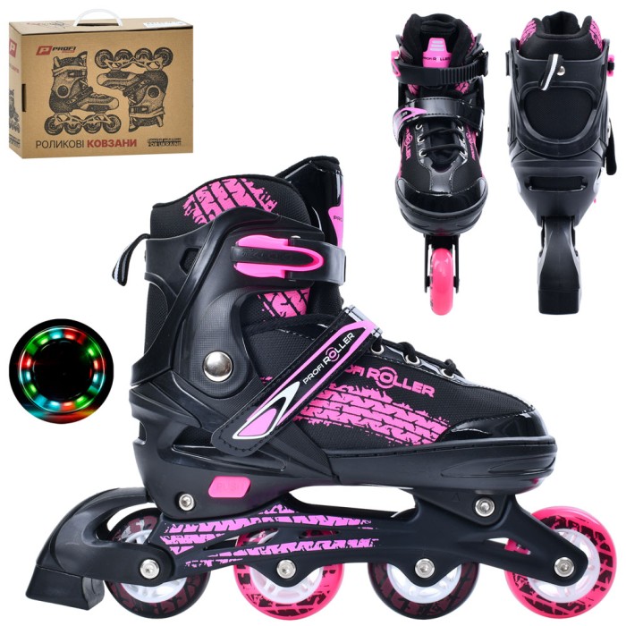 Ролики 39-42 розміру на алюмінієвій рамі зі шнурівкю та баклею, колесами 70 мм ПУ, рожеві, у коробці 40х29,5х11,5 см