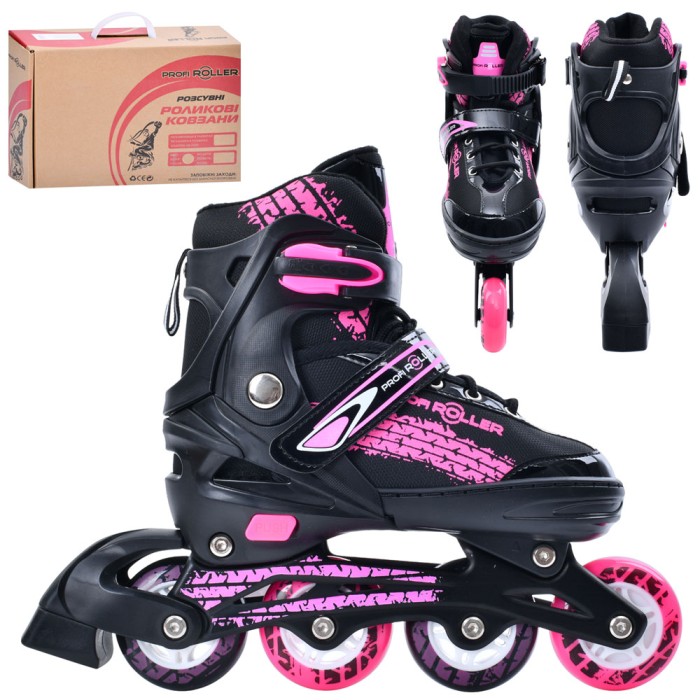 Ролики 35-38 розміру на алюмінієвій рамі зі шнурівкю та баклею, колесами 70 мм ПУ, рожеві, у коробці 37х27,5х11см